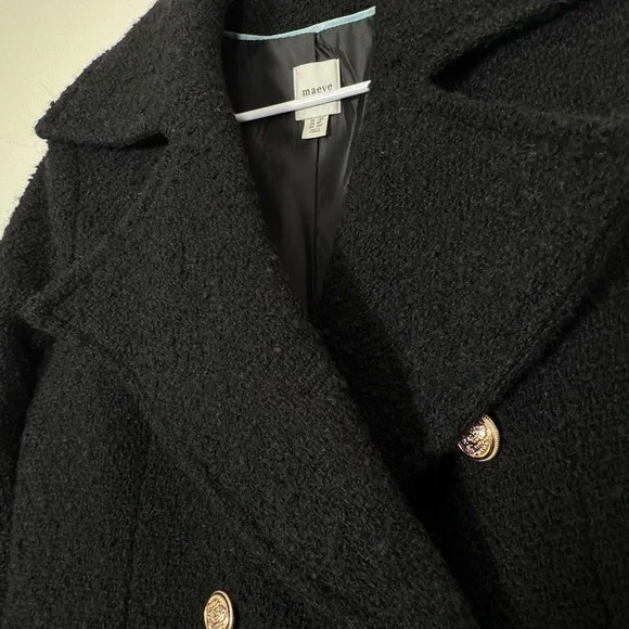 Maeve Black Dble Breasted Tweed Coat Maxi Womens 8P Classic Staple Dark Academia - Picture 6 of 12
